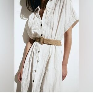 H&M White Linen Dress with Chiffon Scarf Leopard Print Belt